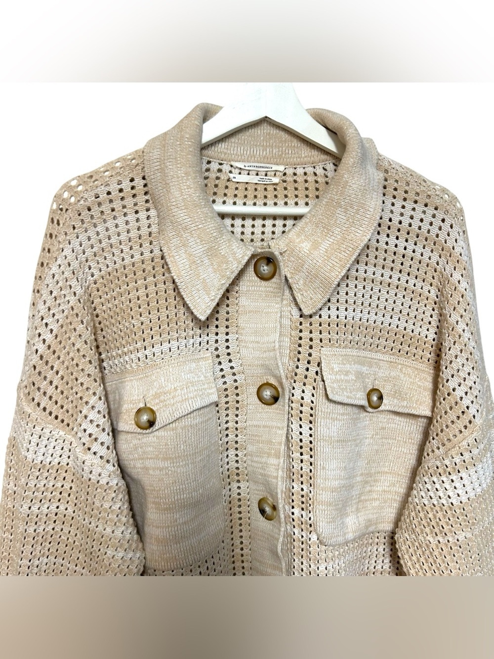 Anthropologie 2X Crocheted Pocket Collar Sweater Coat Sand Ivory Cardigan - Picture 7 of 16